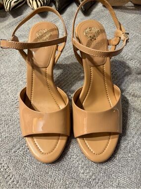 Vince Camuto Tan Patent Leather Ankle-Strap Heels